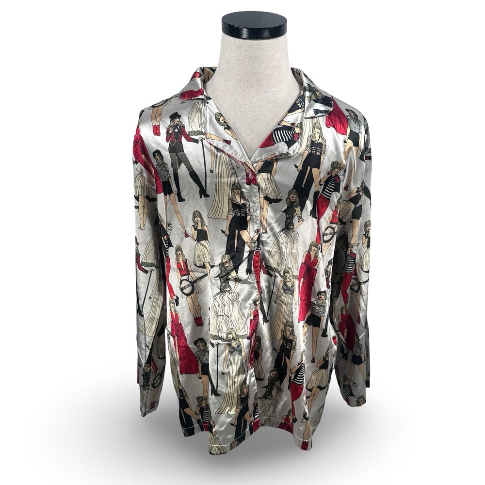 Taylor Swift Eras Tour‎ Graphic Pajama Top Gray Red Satin Button Up Shirt Mens M